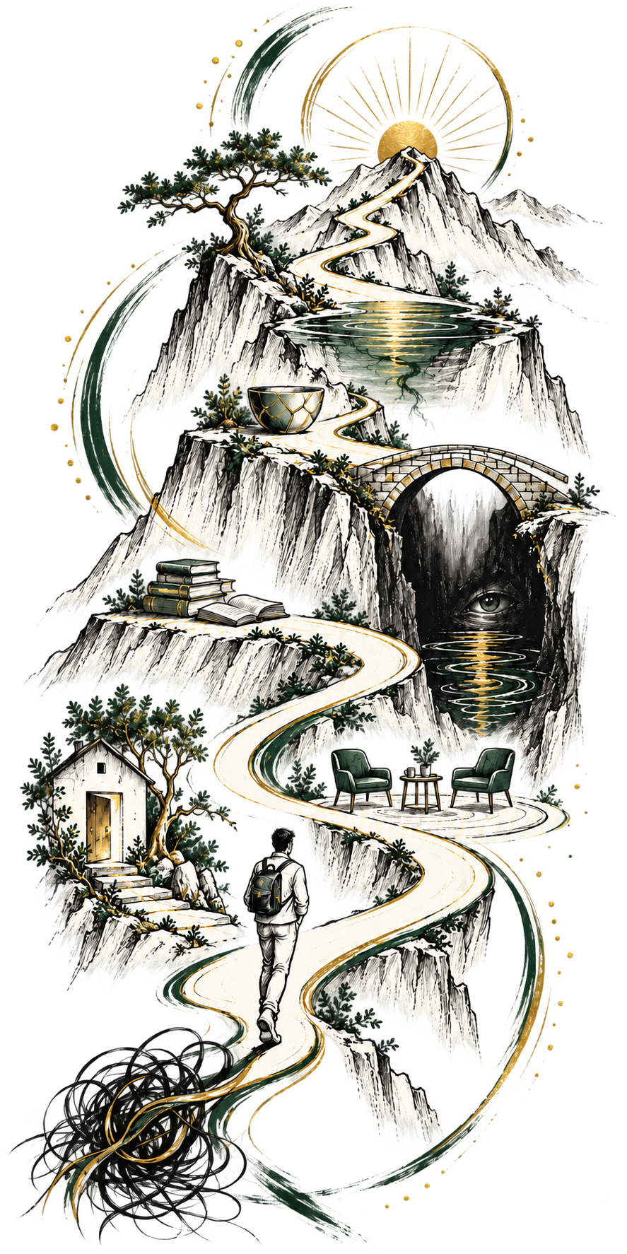 A symbolic journey from tangled thoughts towards reflection, understanding and growth