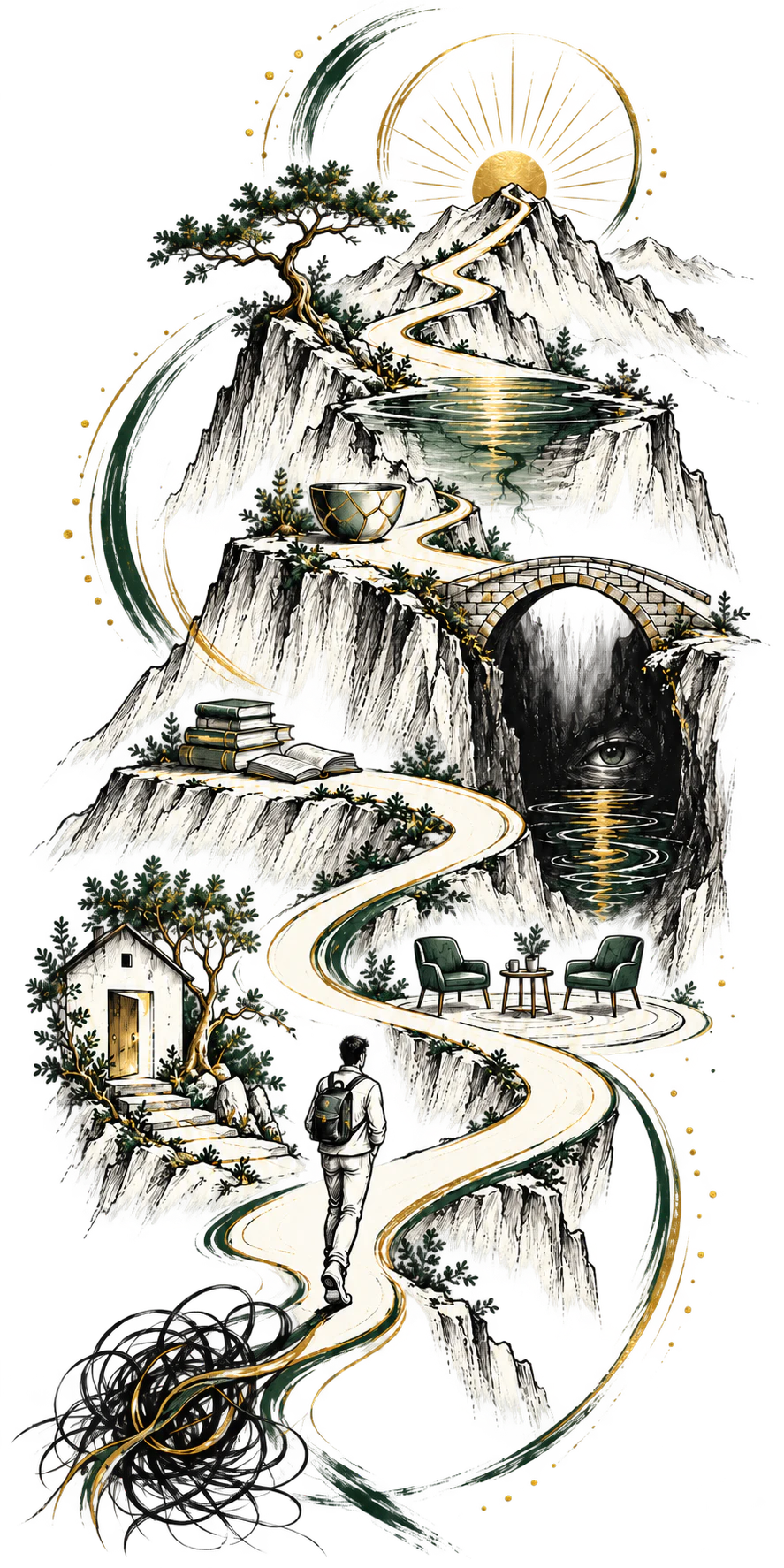 A symbolic journey from tangled thoughts towards reflection, understanding and growth