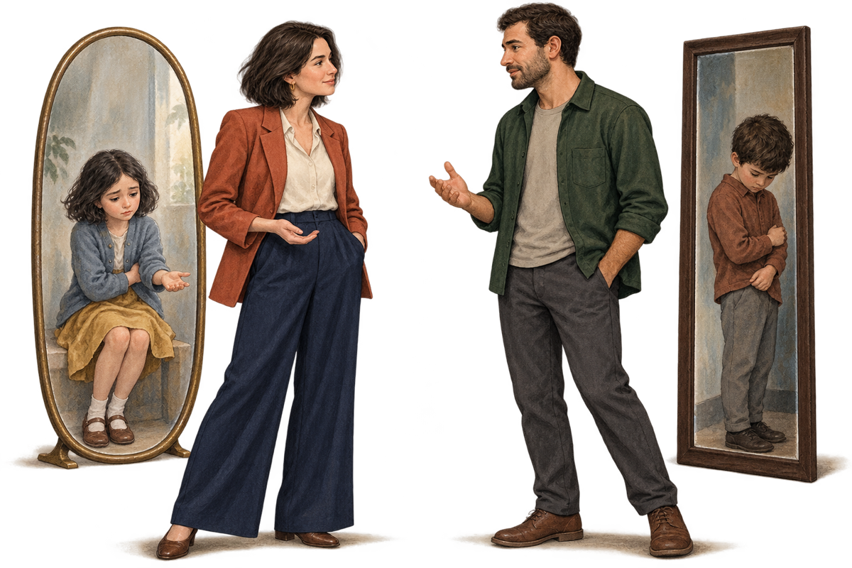 Two confident adults converse while mirrors behind them show a vulnerable young girl and a shame-filled young boy.