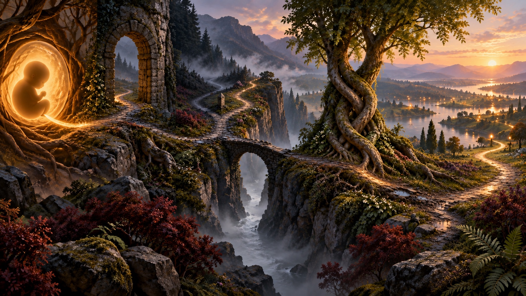 A luminous unborn child beside branching paths, ancient arches and a tree overlooking a wide landscape