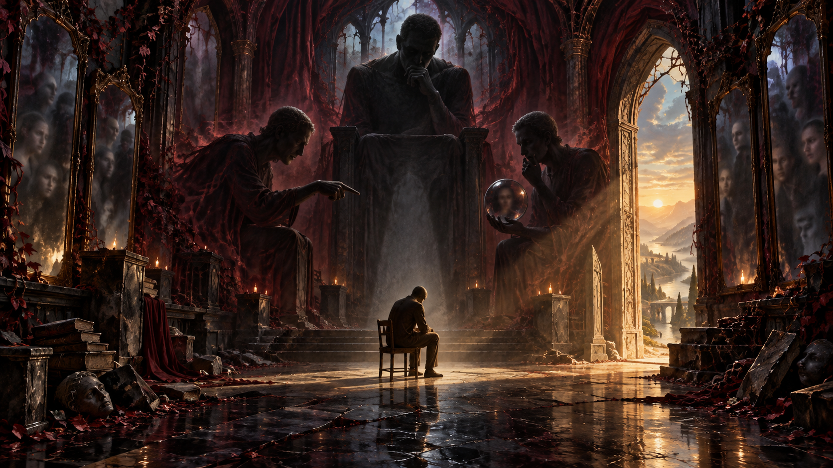A solitary figure seated within a symbolic inner court of self-judgement as warm dawn light enters